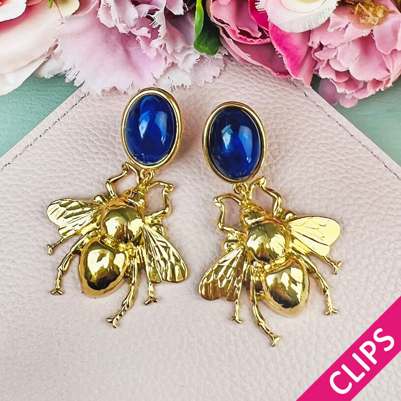 Ohrclips in Dunkelblau mit vergoldeter Hummel von AmuseToi
