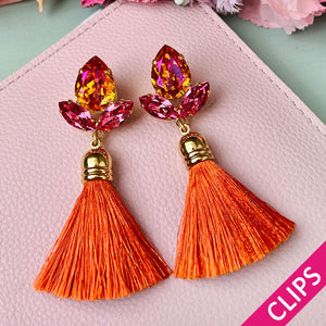 Glitzernde Ohrclips mit Glas-Kristallen in Pink und Orange mit edler Quaste