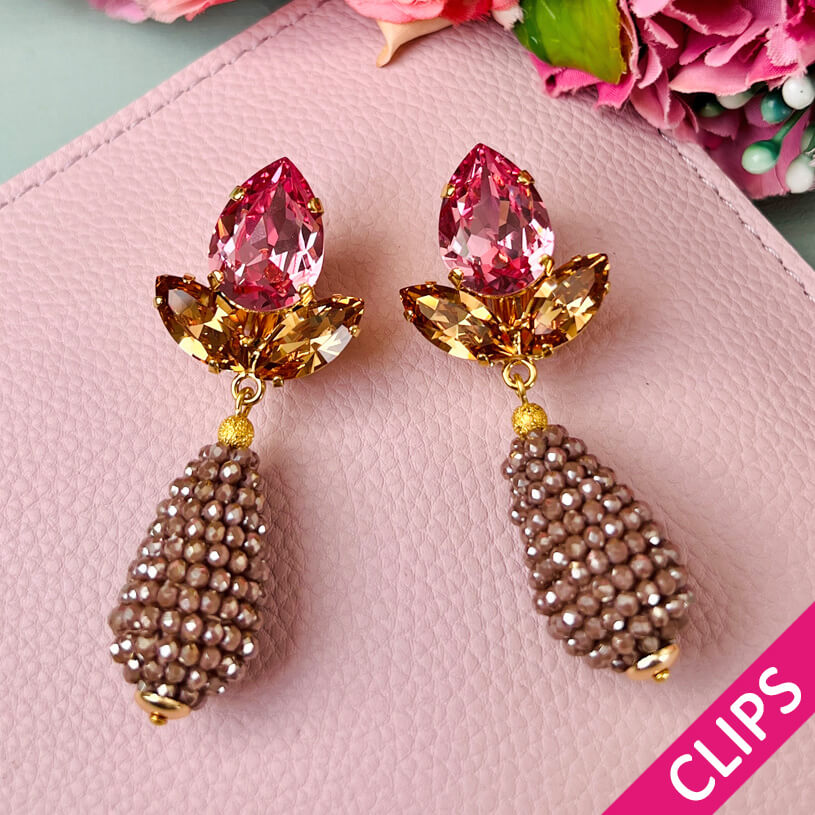 Funkelnde Ohrclips in Rosa mit glitzernden Tropfen in Beige