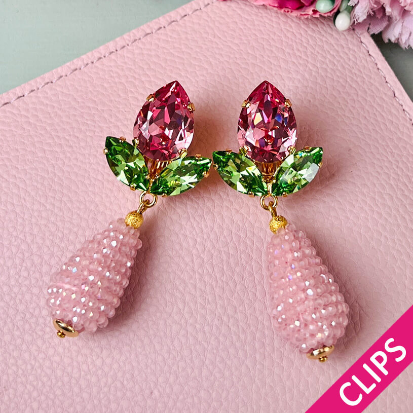 Funkelnde Ohrclips in Rosa und Grün mit glitzernden Tropfen