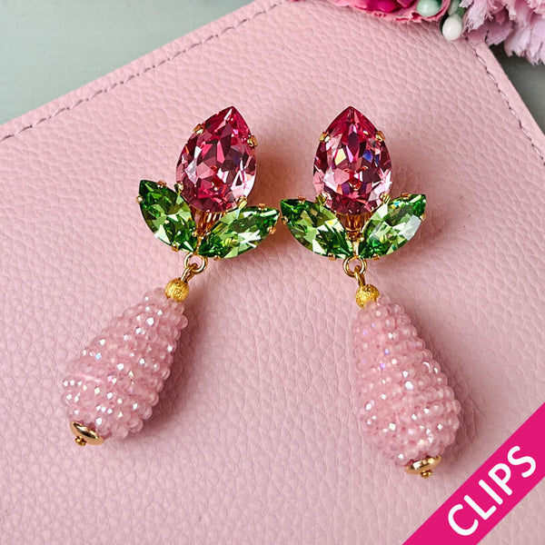 Funkelnde Ohrclips in Rosa und Grün mit glitzernden Tropfen