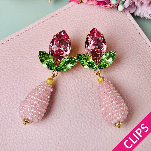 Funkelnde Ohrclips in Rosa und Grün mit glitzernden Tropfen