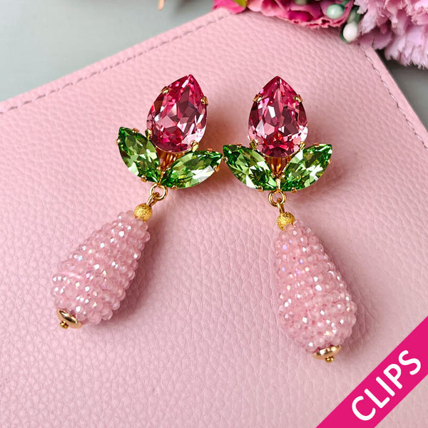 Funkelnde Ohrclips in Rosa und Grün mit glitzernden Tropfen
