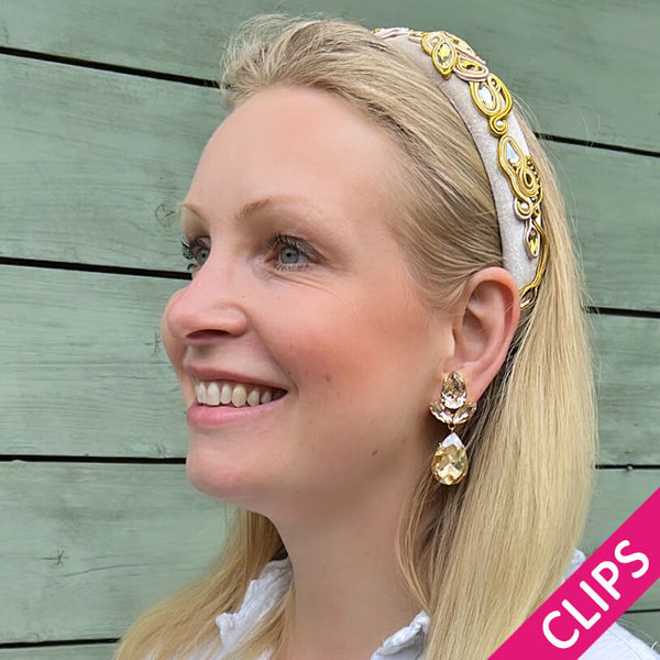 Champagnerfarbene Tropfen-Ohrclips mit Glas-Kristallen