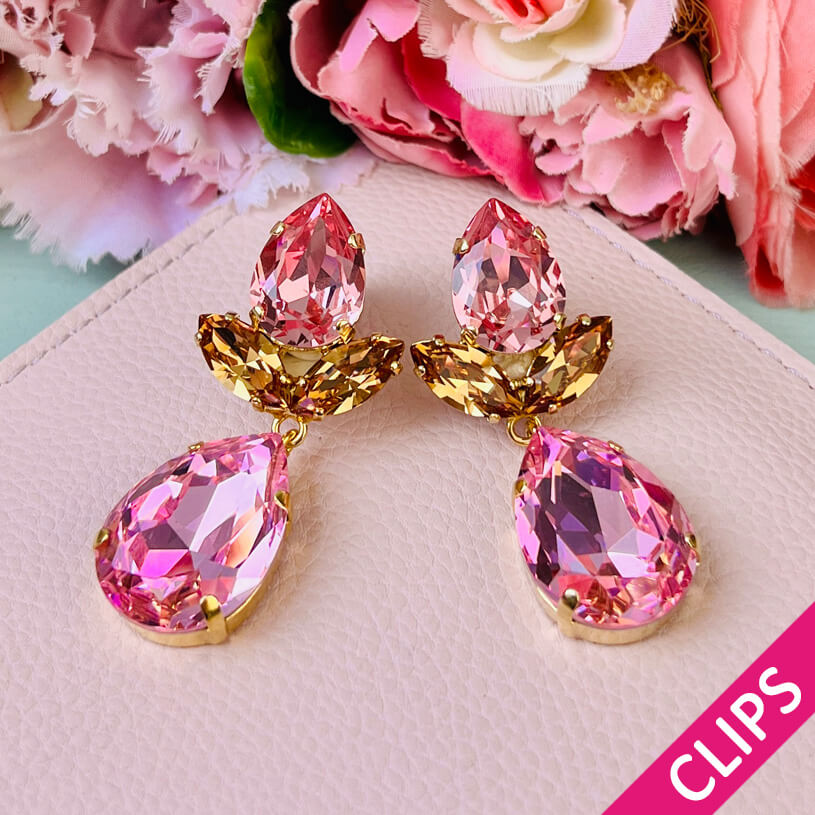 Rosafarbene Tropfen-Ohrclips mit Glas-Kristallen in Rosa und Champagner