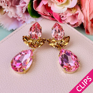 Rosafarbene Tropfen-Ohrclips mit Glas-Kristallen in Rosa und Champagner