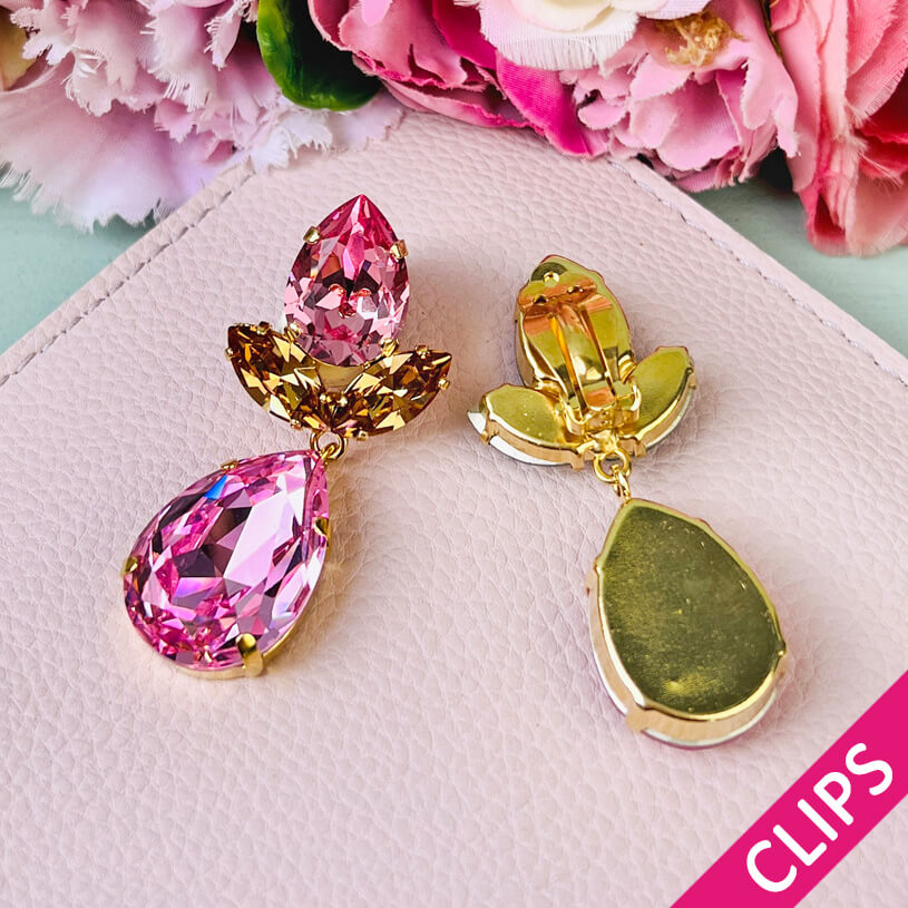 Rosafarbene Tropfen-Ohrclips mit Glas-Kristallen in Rosa und Champagner