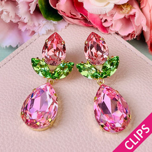 Rosafarbene Tropfen-Ohrclips mit Glas-Kristallen in Rosa und Grün