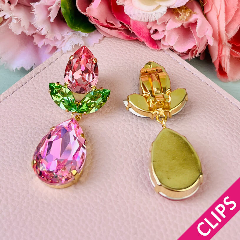 Rosafarbene Tropfen-Ohrclips mit Glas-Kristallen in Rosa und Grün