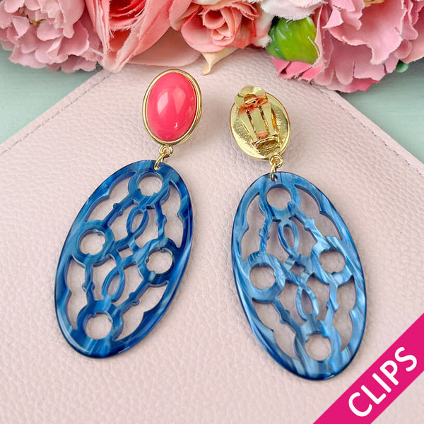 Pinke Trensen-Ohrclips mit Oval in Dunkelblau von AmuseToi