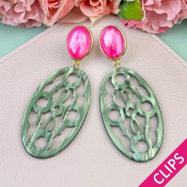Pinke Trensen-Ohrclips mit Oval in Silbergrün von AmuseToi