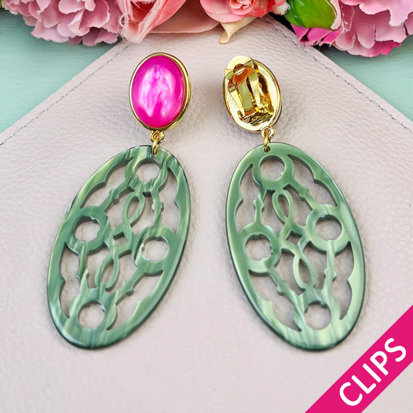 Pinke Trensen-Ohrclips mit Oval in Silbergrün von AmuseToi