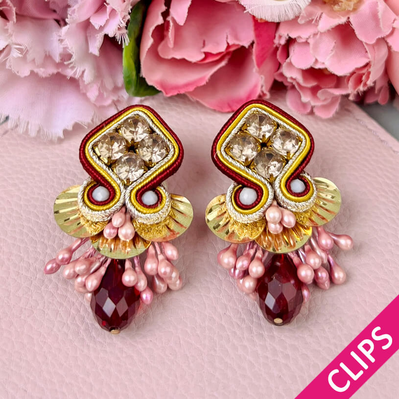 Soutache-Ohrclips in Braun, Rosa, Gold mit pflaumefarbenen Tropfen