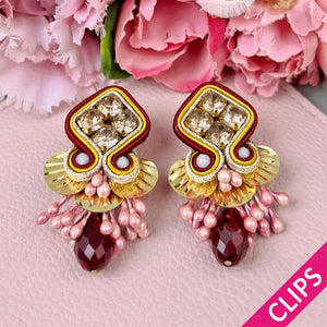 Soutache-Ohrclips in Braun, Rosa, Gold mit pflaumefarbenen Tropfen