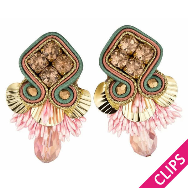 Schöne Soutache-Ohrclips in Türkis, Gold und rosafarbenen Tropfen