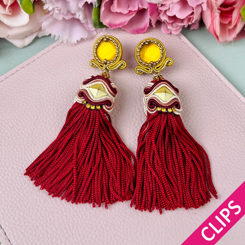 Orientalisch anmutende Quasten-Ohrclips in Rot, Rotbraun und Gold