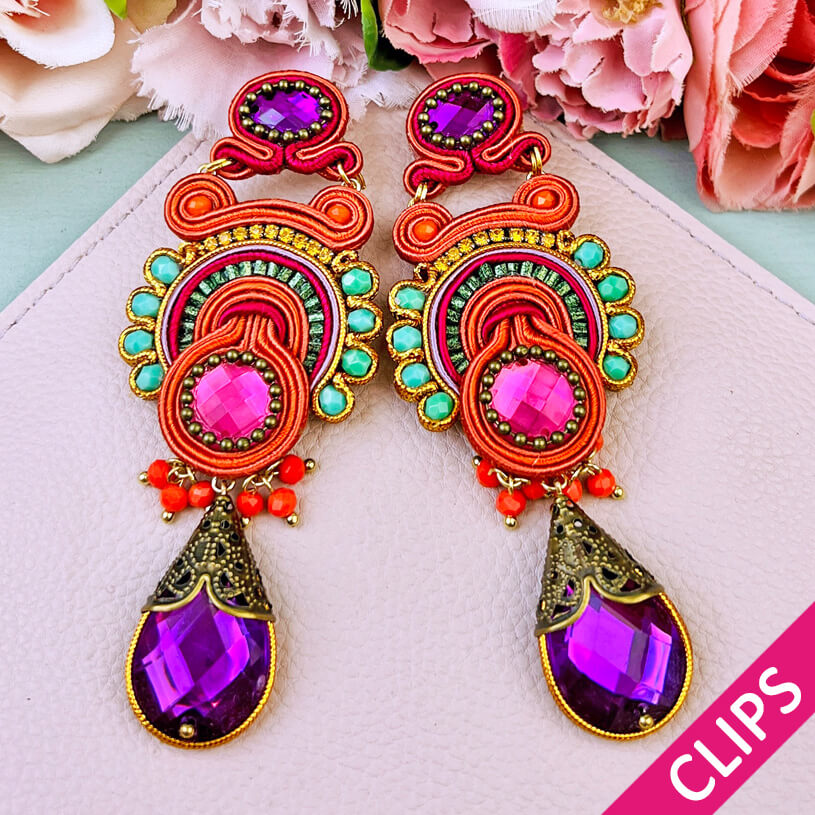 Farbenfrohe Statement-Ohrringe als Ohrclips in Orange, Türkis und Violett