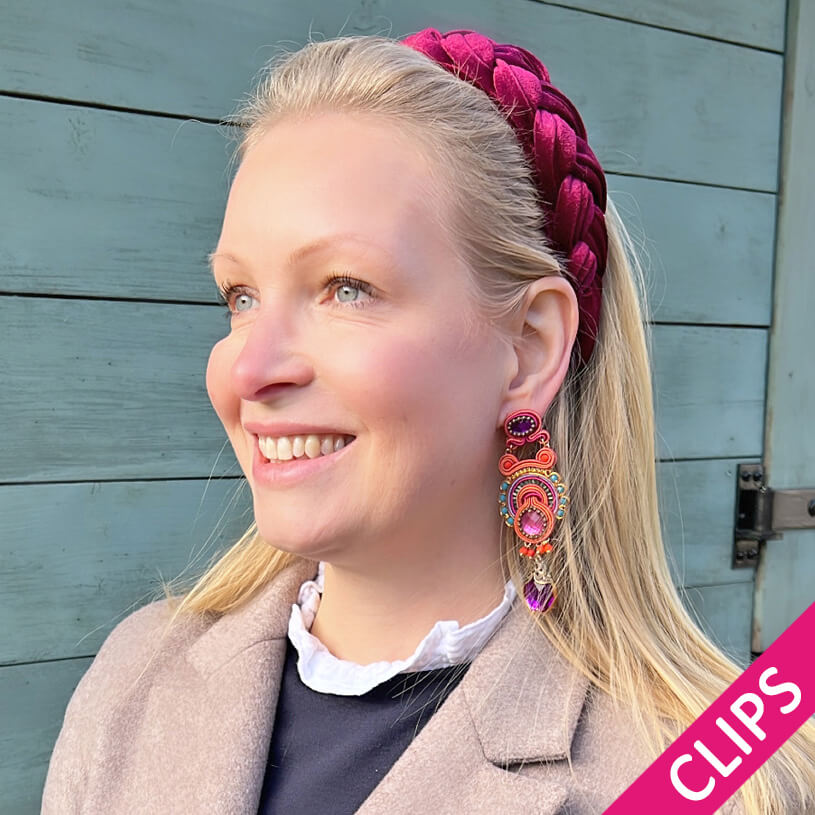Farbenfrohe Statement-Ohrringe als Ohrclips in Orange, Türkis und Violett