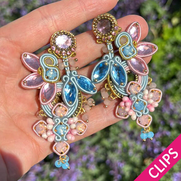 Große Soutache-Ohrclips in Zartrosa und Zartblau