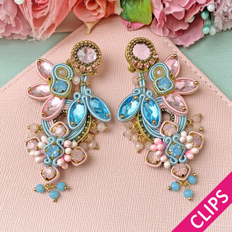 Große Soutache-Ohrclips in Zartrosa und Zartblau