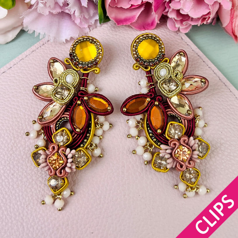 Große Soutache-Ohrclips in Braun, Rotbraun und Champagner