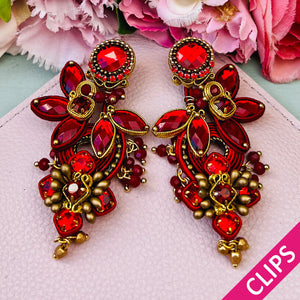 Große Soutache-Ohrclips in Rot und Gold