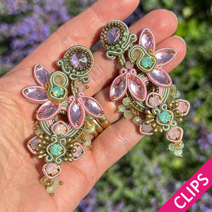 Große Soutache-Ohrclips in Zartrosa und Mintgrün