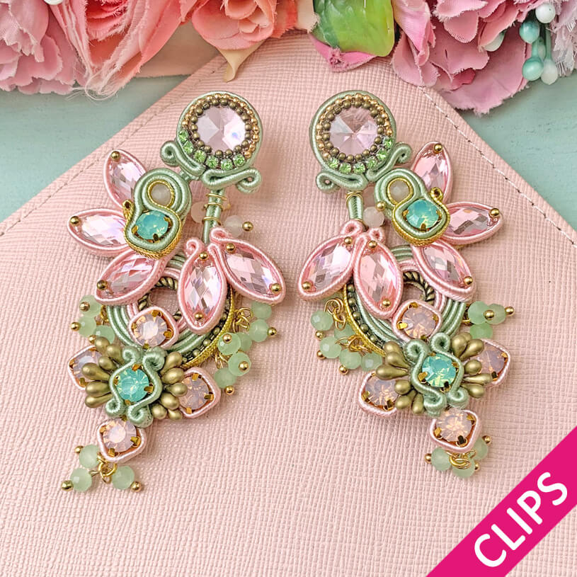 Große Soutache-Ohrclips in Zartrosa und Mintgrün