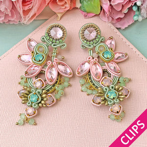 Große Soutache-Ohrclips in Zartrosa und Mintgrün