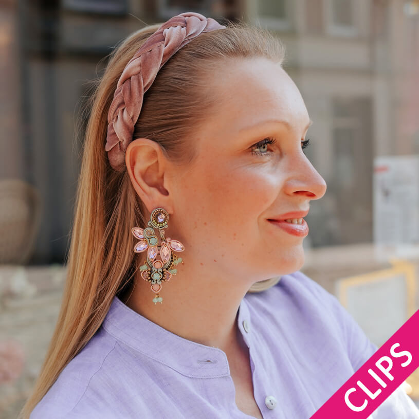 Große Soutache-Ohrclips in Zartrosa und Mintgrün