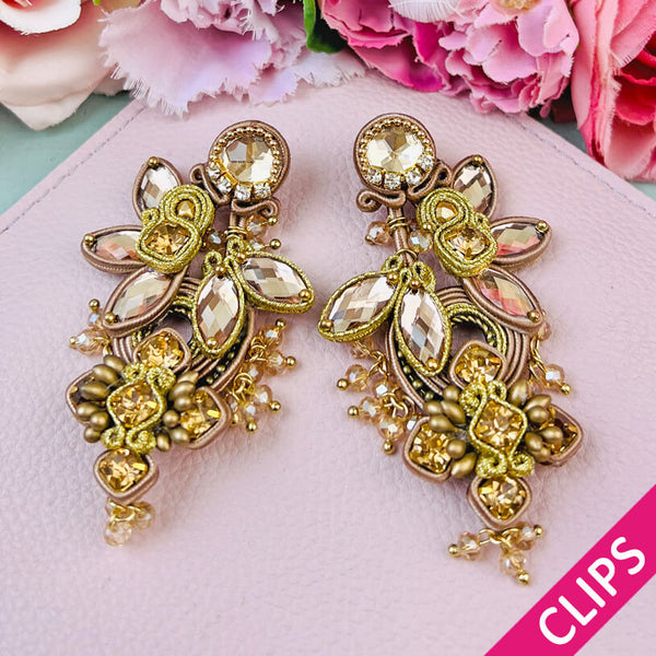 Große Soutache-Ohrclips in Gold- und dunklen Champagnertönen