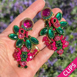 Große Soutache-Ohrclips in Pink und Grün