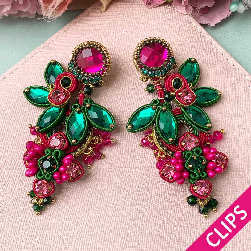 Große Soutache-Ohrclips in Pink und Grün