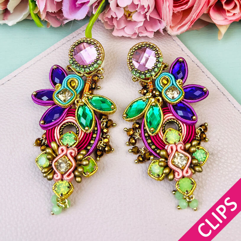 Große Soutache-Ohrclips in Rosa, Magenta- und Grüntönen