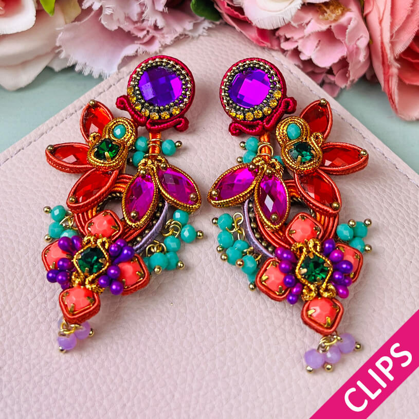 Große Soutache-Ohrclips in Orange, Violett und Pink