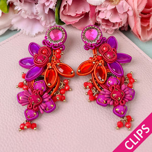 Große Soutache-Ohrclips in Pink und Violett