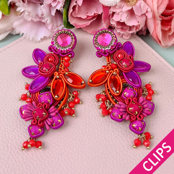 Große Soutache-Ohrclips in Pink und Violett