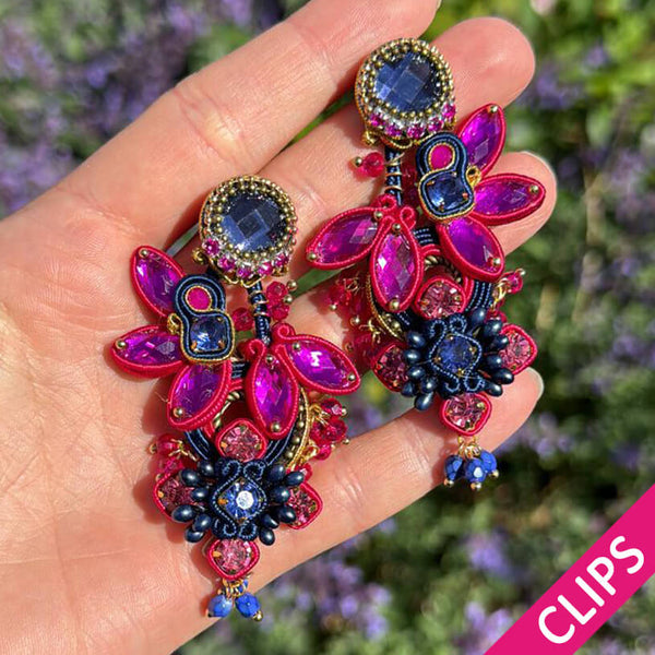 Große Soutache-Ohrclips in Pink und Dunkelbau