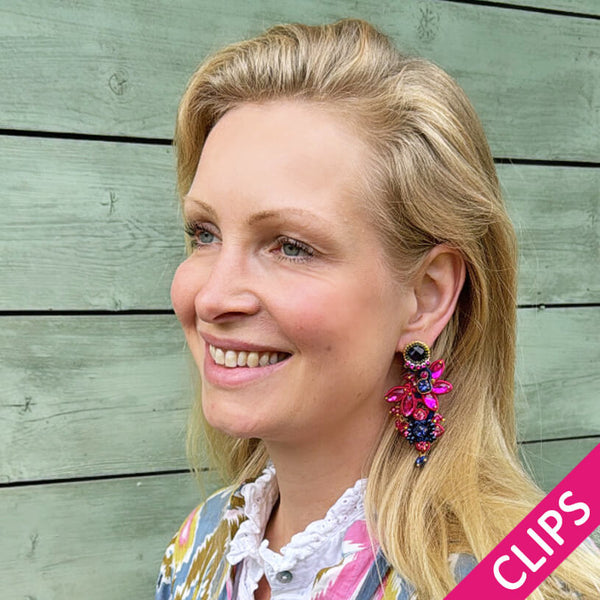 Große Soutache-Ohrclips in Pink und Dunkelbau