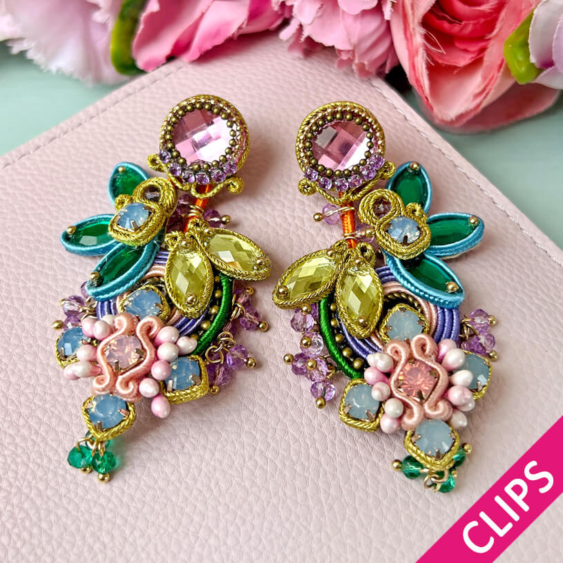 Große Soutache-Ohrclips in pastelligem Rosa, Flieder und Grün
