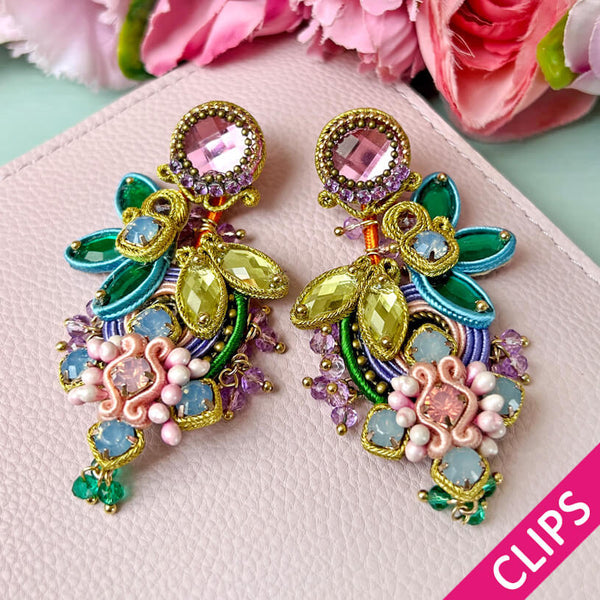 Große Soutache-Ohrclips in pastelligem Rosa, Flieder und Grün