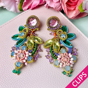Große Soutache-Ohrclips in pastelligem Rosa, Flieder und Grün