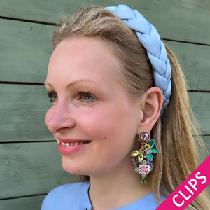 Große Soutache-Ohrclips in pastelligem Rosa, Flieder und Grün
