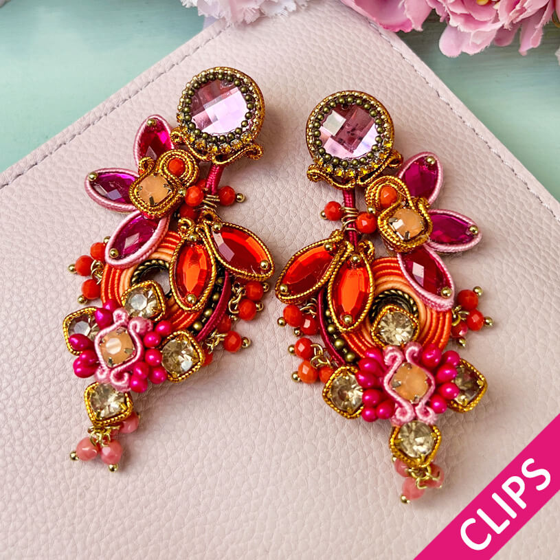 Große farbenfrohe Soutache-Ohrclips in Orange und Pink