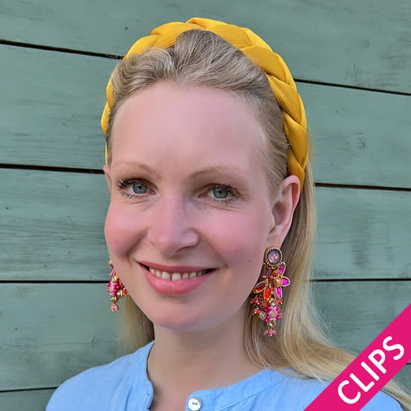 Große farbenfrohe Soutache-Ohrclips in Orange und Pink