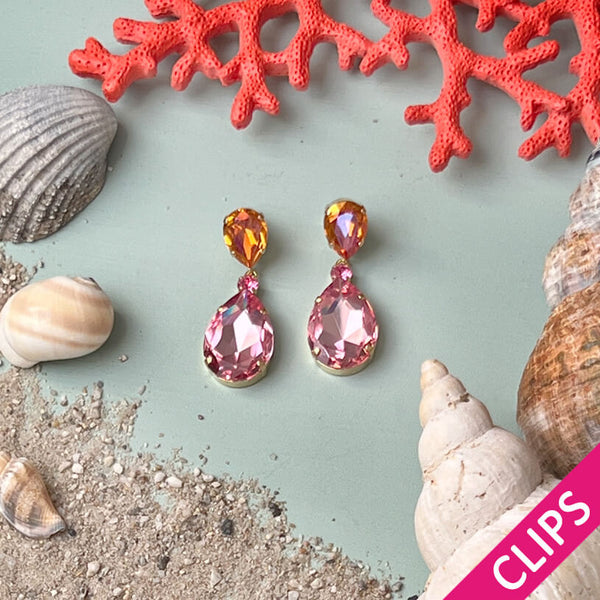 Funkelnde Ohrclips mit Glas-Kristallen in Orange und Rosa