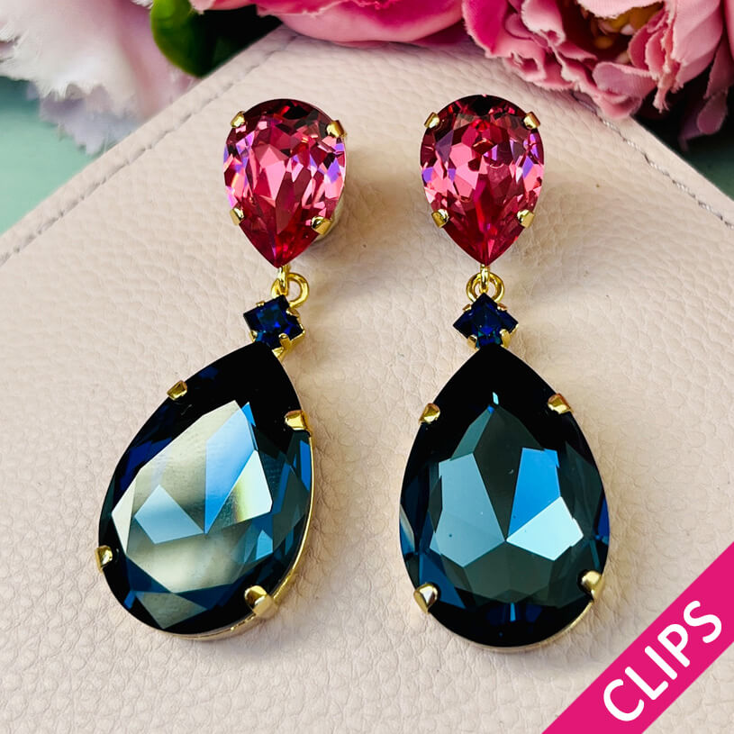 Funkelnde Ohrclips mit Glas-Kristallen in Pink und Dunkelblau