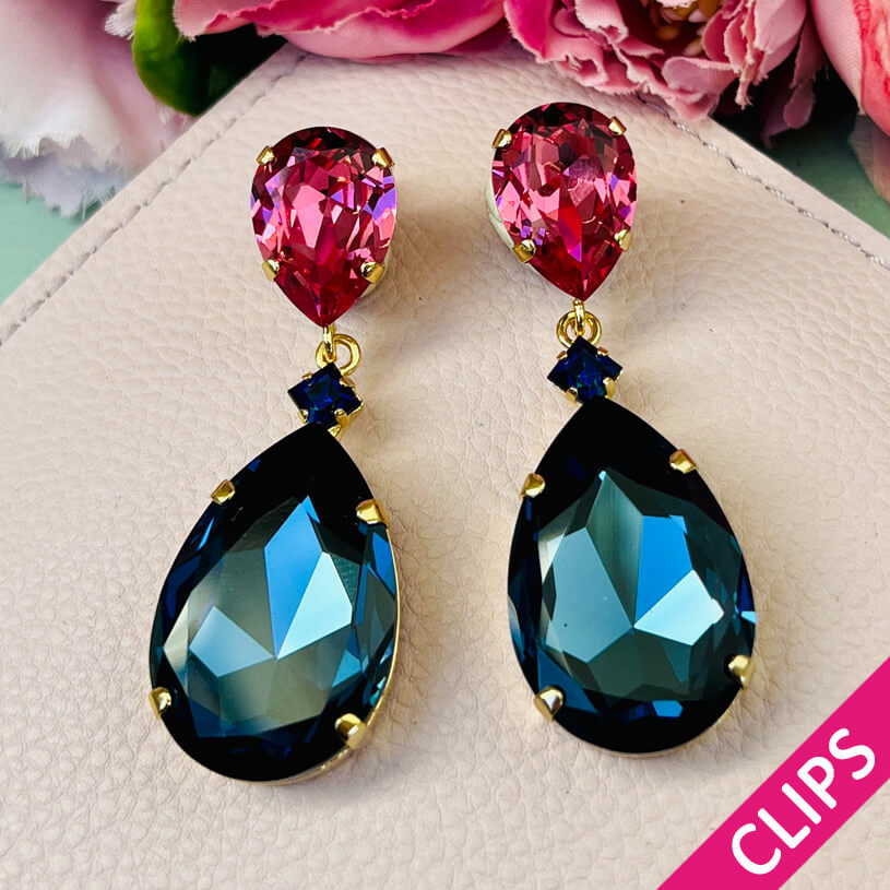 Funkelnde Ohrclips mit Glas-Kristallen in Pink und Dunkelblau