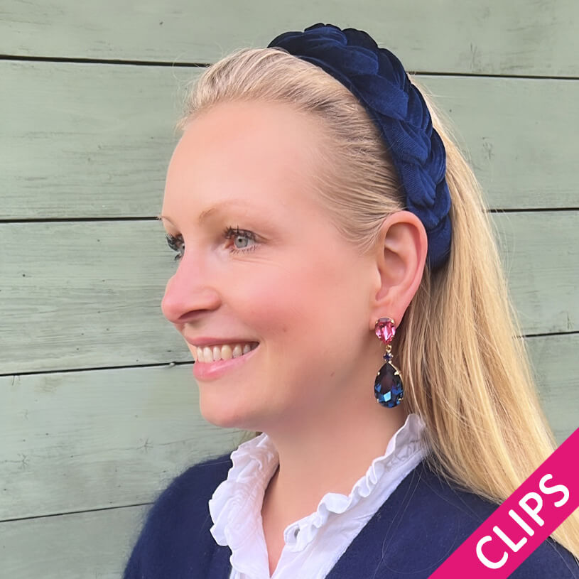 Funkelnde Ohrclips mit Glas-Kristallen in Pink und Dunkelblau