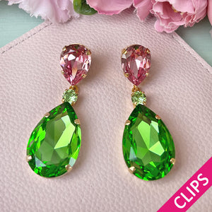 Funkelnde Ohrclips mit Glas-Kristallen in Grün und Rosa